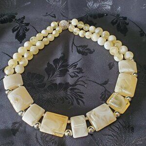 Mother Of Pearl Beaded Necklace 16" Double Strand Beads Chunky Vintage Polished